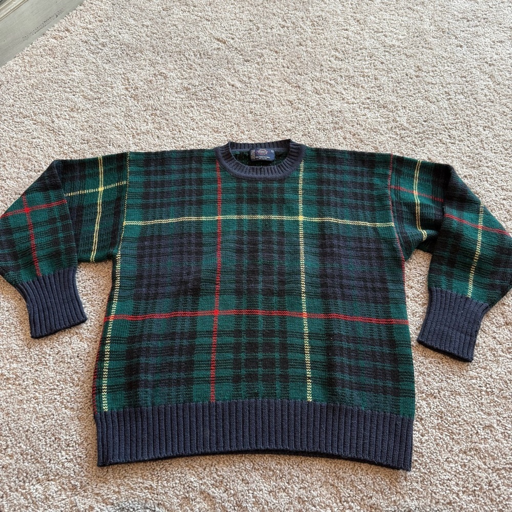 Vintage Classic Green Plaid Crewneck Wool Sweater - Men’s Size Large